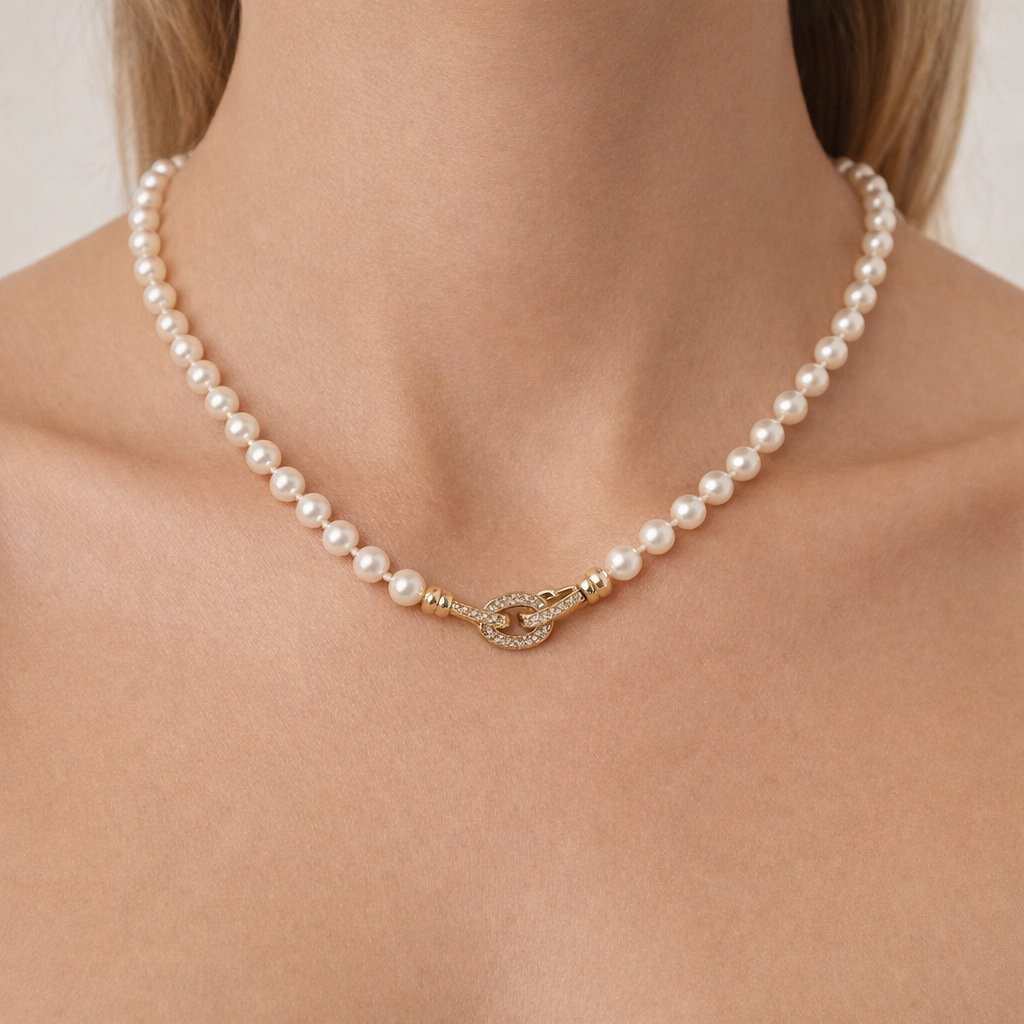 Collar de perla anudada broche dorado