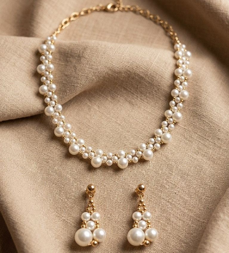 Elegante Conjunto de Collar y Aretes Chandelier de Perla de Mallorca y Gold Filled