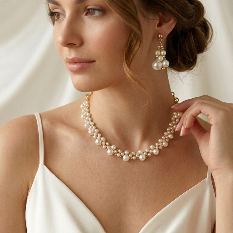 Elegante Conjunto de Collar y Aretes Chandelier de Perla de Mallorca y Gold Filled